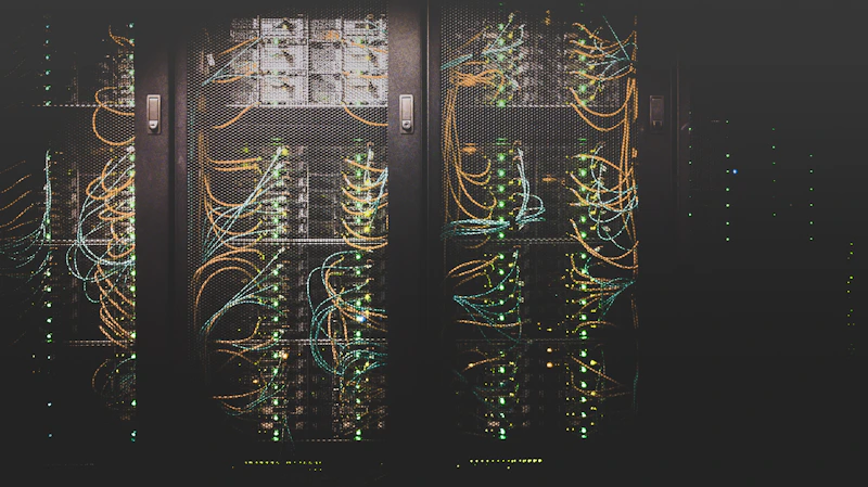 Corredor de um data center com fileiras de servidores e cabos organizados